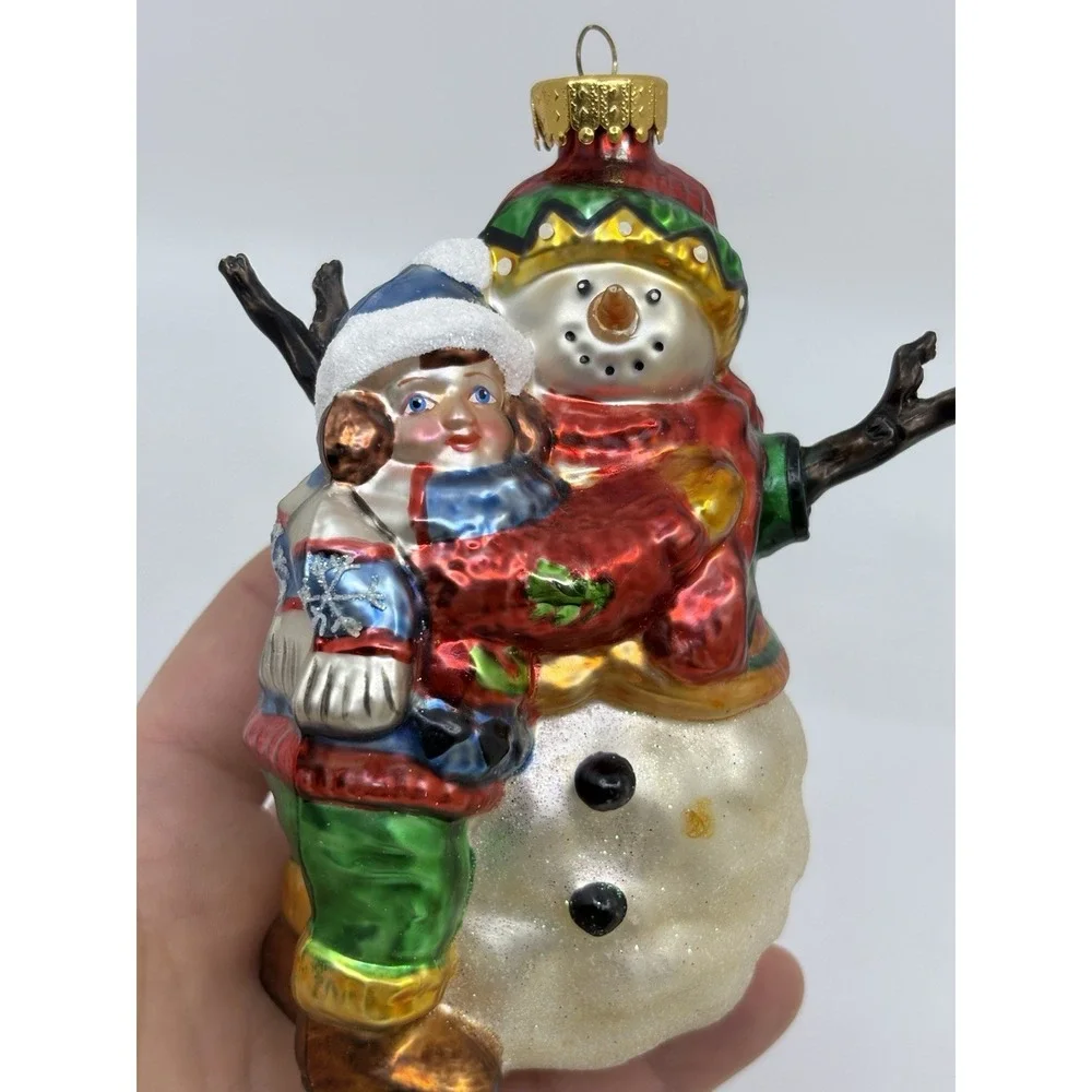 Lg Snowman with Child Christmas Ornament   Hand Painted Blown Glass